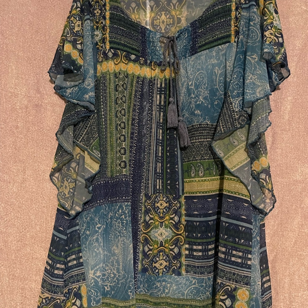 ONE WORLD Blue and Green Paisley Blouse